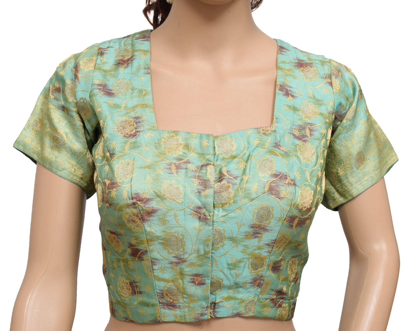 Sushila Vintage Aqua Readymade Stitched Sari Blouse Silk Woven Designer 38" Choli