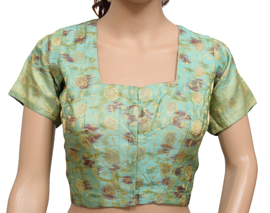 Sushila Vintage Aqua Readymade Stitched Sari Blouse Silk Woven Designer 38" Choli