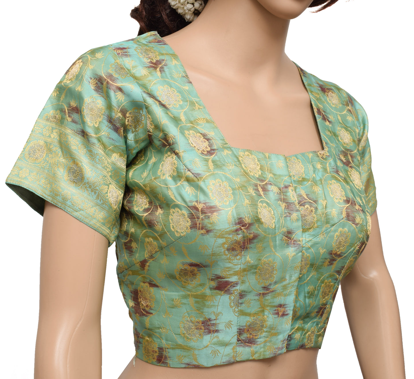 Sushila Vintage Aqua Readymade Stitched Sari Blouse Silk Woven Designer 38" Choli