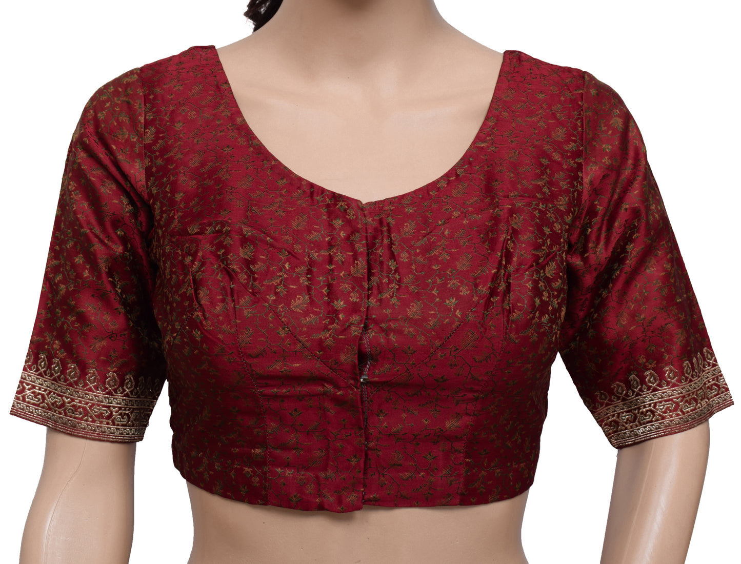 Sushila Vintage Maroon Readymade Stitched Banarasi Satin Sari Blouse Woven 30" Top