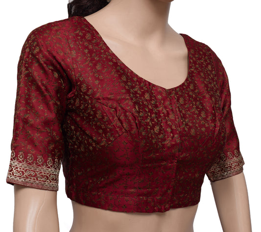 Sushila Vintage Maroon Readymade Stitched Banarasi Satin Sari Blouse Woven 30" Top