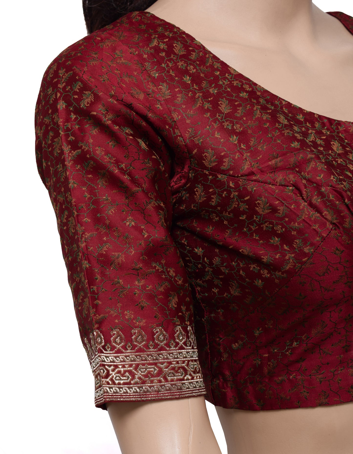 Sushila Vintage Maroon Readymade Stitched Banarasi Satin Sari Blouse Woven 30" Top