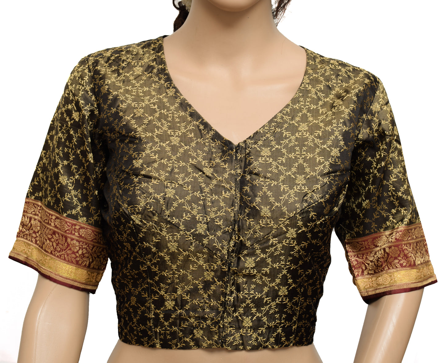 Sushila Vintage Readymade Black Stitched Sari Blouse Silk Woven Designer 38" Top