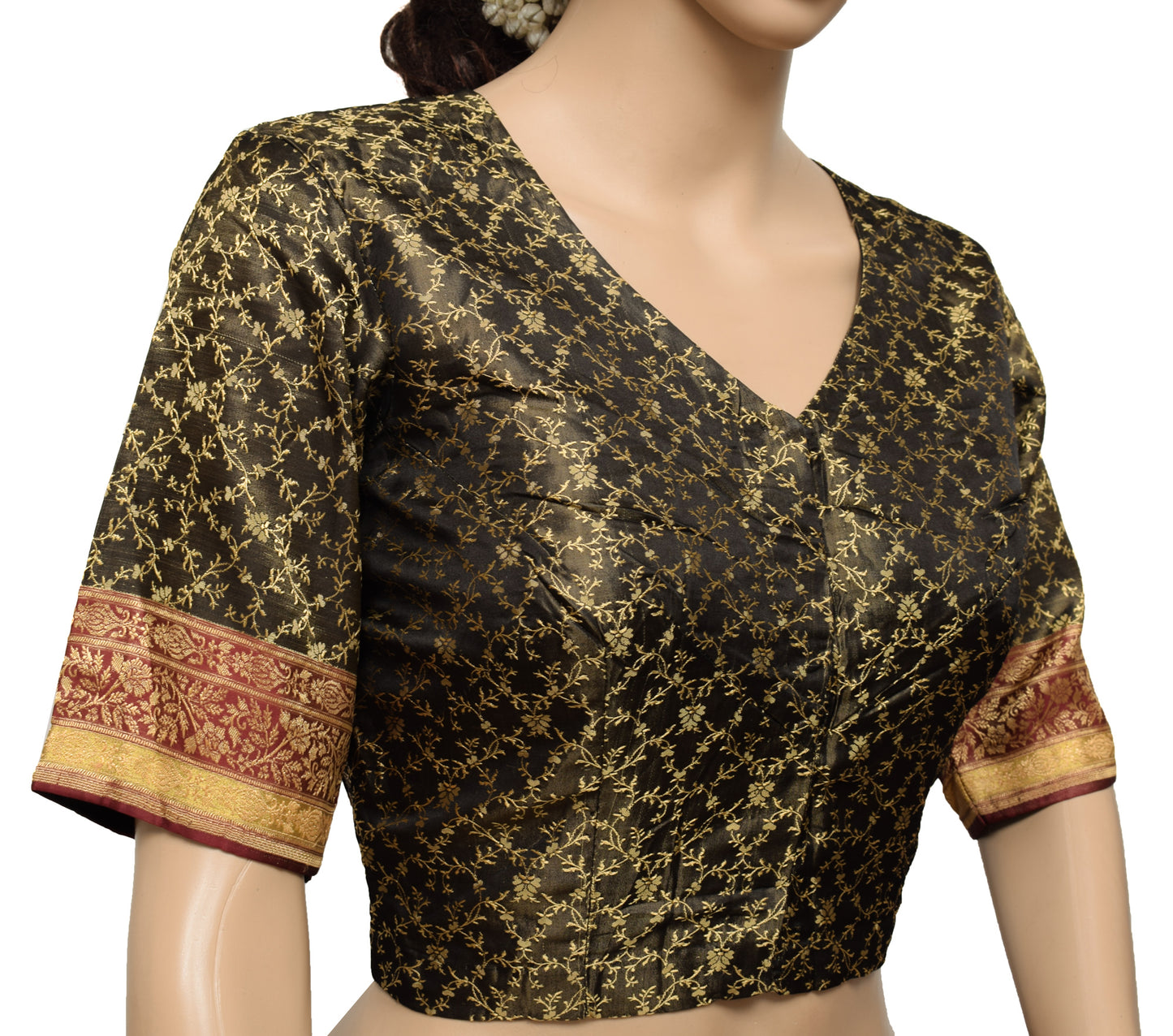 Sushila Vintage Readymade Black Stitched Sari Blouse Silk Woven Designer 38" Top