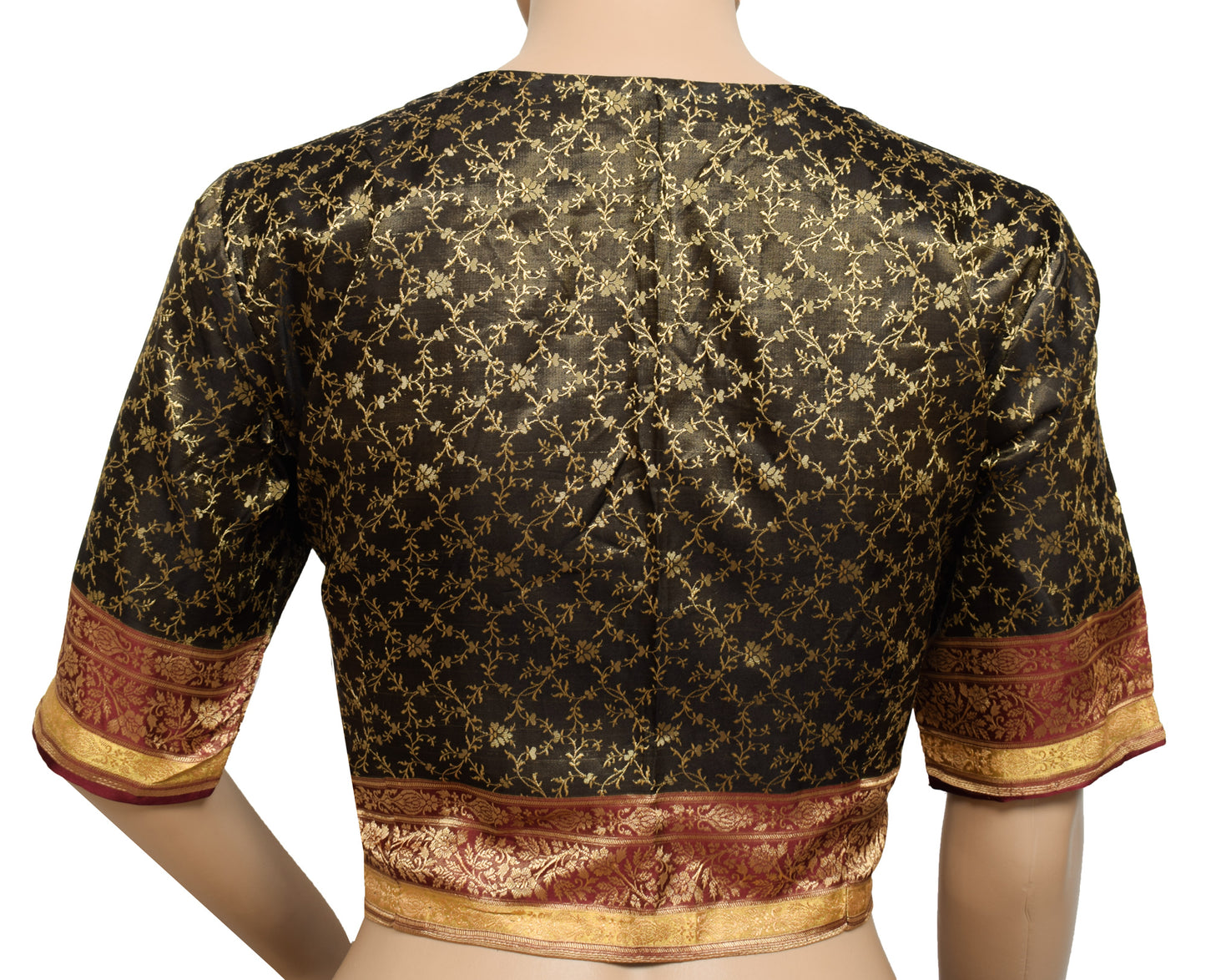 Sushila Vintage Readymade Black Stitched Sari Blouse Silk Woven Designer 38" Top