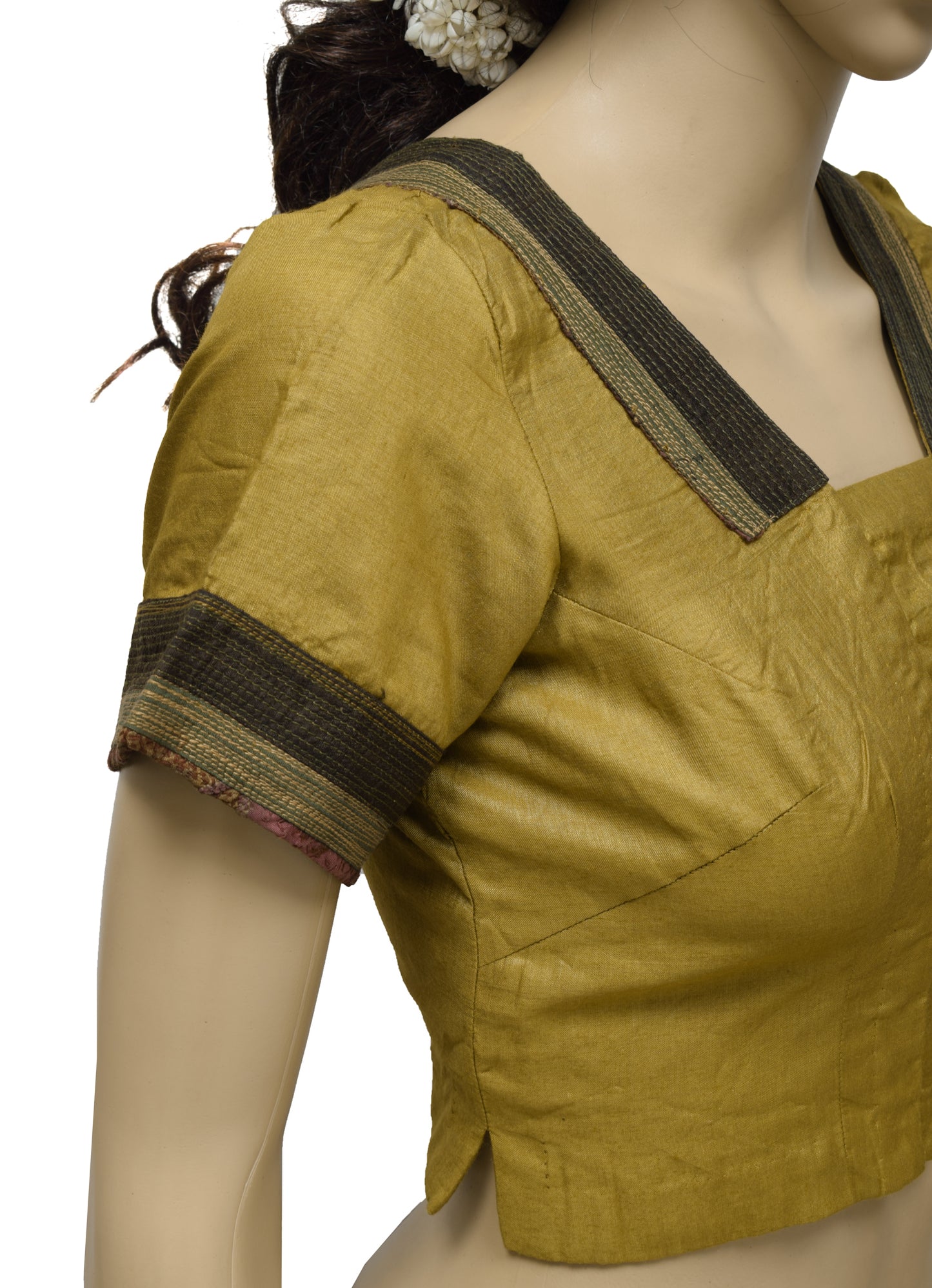 Sushila Vintage Readymade 34" Green Sari Blouse Pure Cotton Patch Work Top