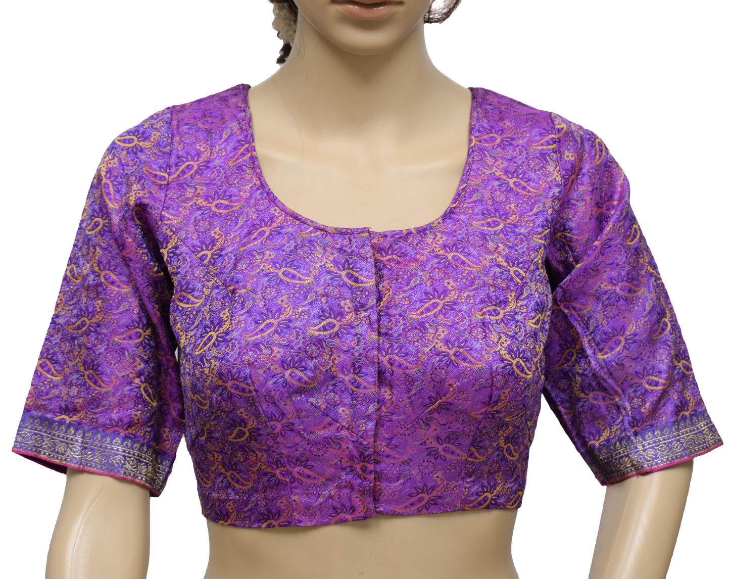 Sushila Vintage Purple Readymade 34" Banarasi Silk Sari Blouse Woven Top