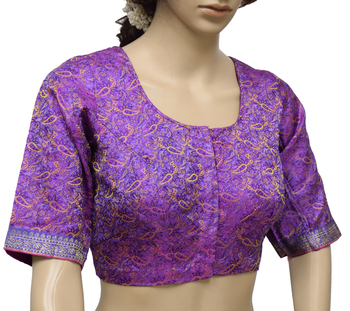 Sushila Vintage Purple Readymade 34" Banarasi Silk Sari Blouse Woven Top