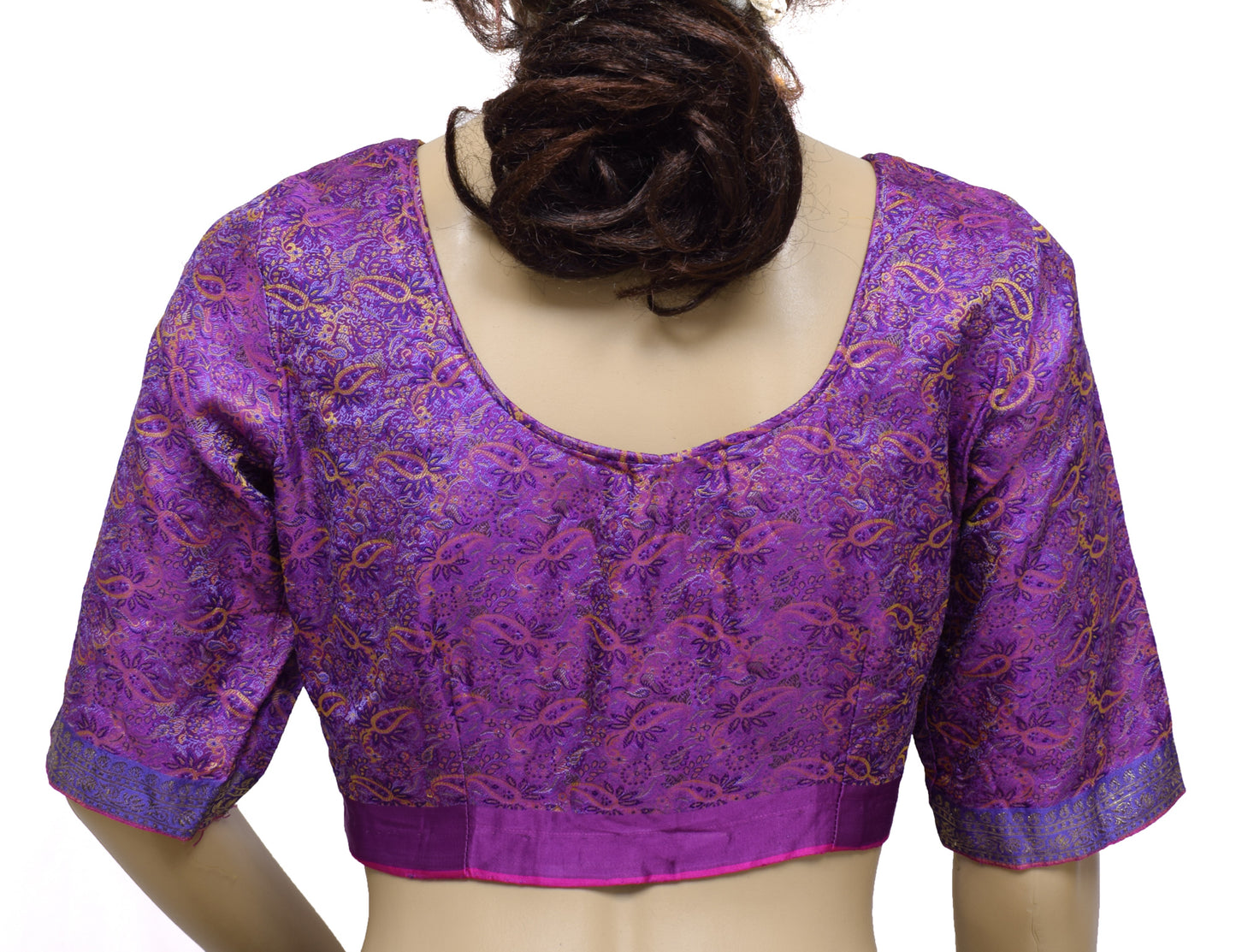 Sushila Vintage Purple Readymade 34" Banarasi Silk Sari Blouse Woven Top