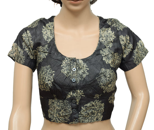 Sushila Vintage Gray Readymade Stitched Sari Blouse Silk Printed Designer 40" Top