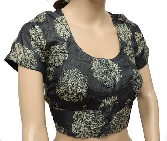 Sushila Vintage Gray Readymade Stitched Sari Blouse Silk Printed Designer 40" Top