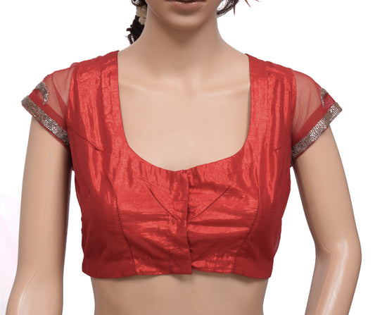 Sushila Vintage Red Readymade Stitched Sari Blouse Net Hand Beaded Designer Top 38"