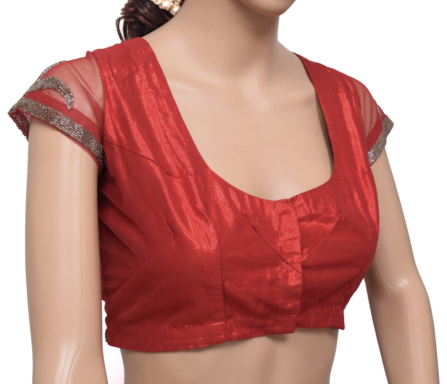 Sushila Vintage Red Readymade Stitched Sari Blouse Net Hand Beaded Designer Top 38"