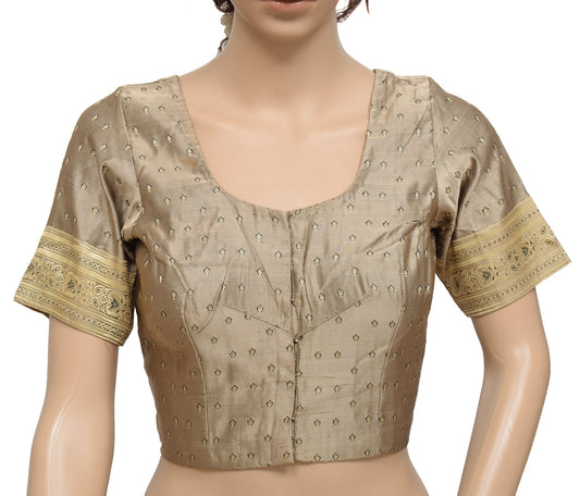 Sushila Vintage Gray Readymade 32" Sari Blouse Silk Woven Designer Top