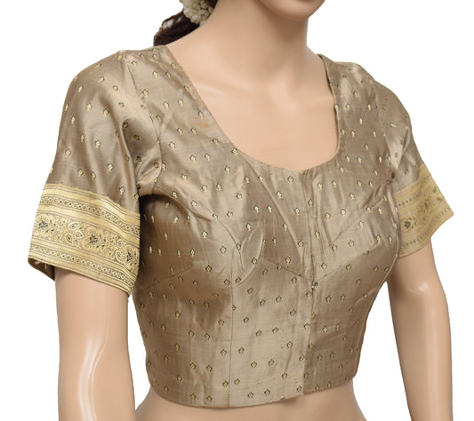 Sushila Vintage Gray Readymade 32" Sari Blouse Silk Woven Designer Top