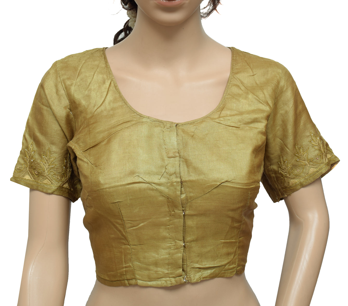 Sushila Vintage Green Readymade 36"Sari Blouse Pure Silk Embroidered Top