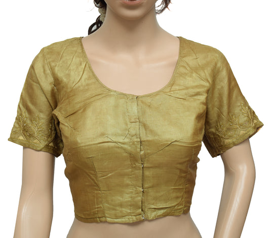 Sushila Vintage Green Readymade 36"Sari Blouse Pure Silk Embroidered Top
