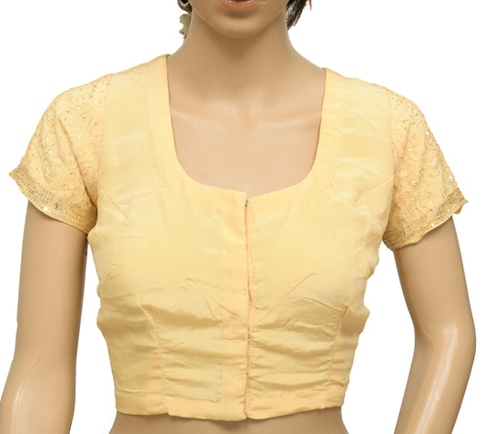 Sushila Vintage Yellow Readymade Stitched Sari Blouse Crepe Silk Hand Beaded Top 40"