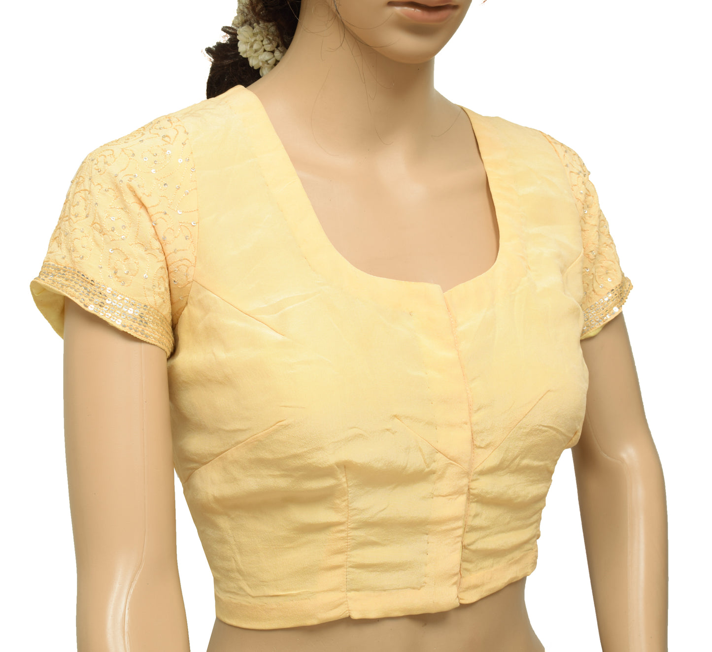Sushila Vintage Yellow Readymade Stitched Sari Blouse Crepe Silk Hand Beaded Top 40"