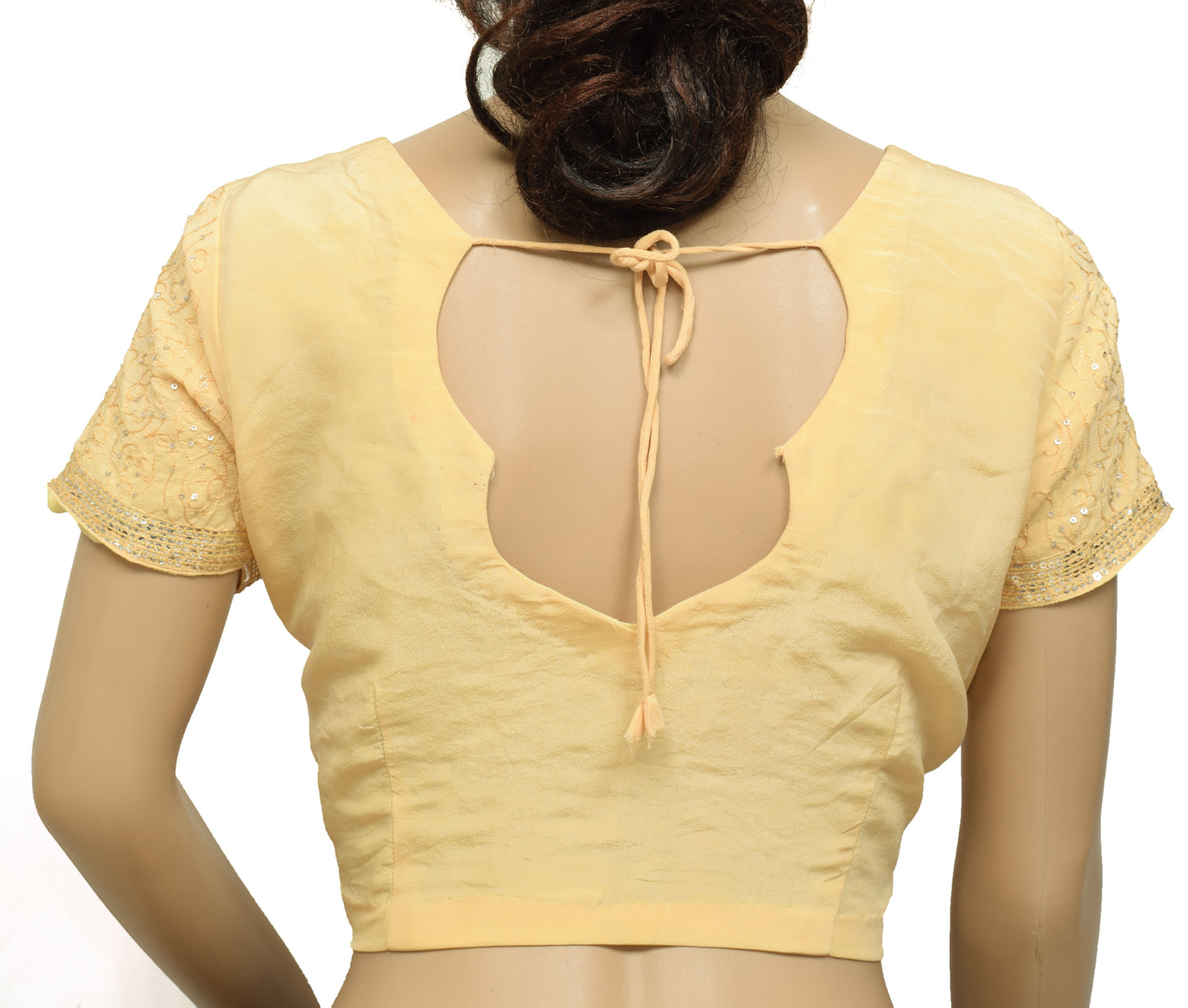 Sushila Vintage Yellow Readymade Stitched Sari Blouse Crepe Silk Hand Beaded Top 40"