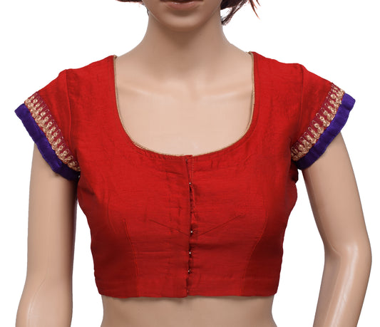 Sushila Vintage Red Patch Work Readymade 36" Sari Blouse Designer Silk Top
