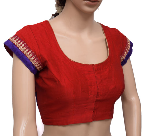Sushila Vintage Red Patch Work Readymade 36" Sari Blouse Designer Silk Top