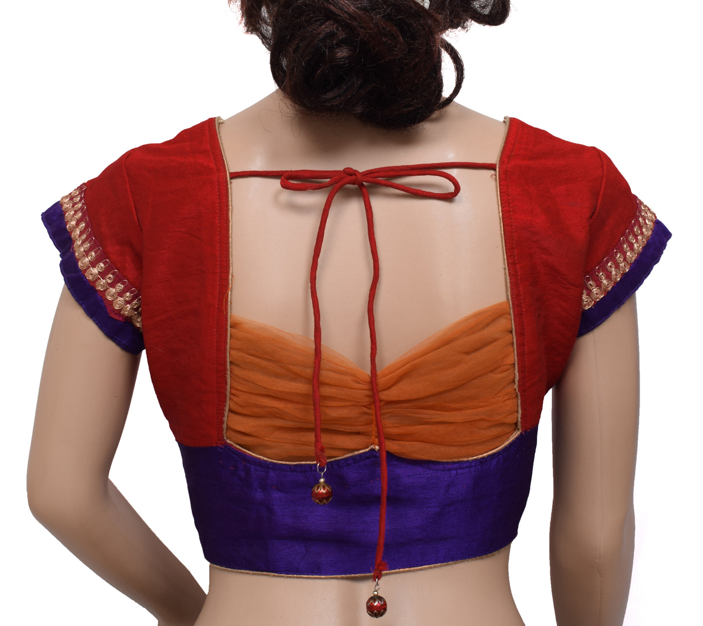 Sushila Vintage Red Patch Work Readymade 36" Sari Blouse Designer Silk Top