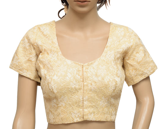 Sushila Vintage Cream Readymade 38" Sari Blouse Net Mesh Woven Designer Top