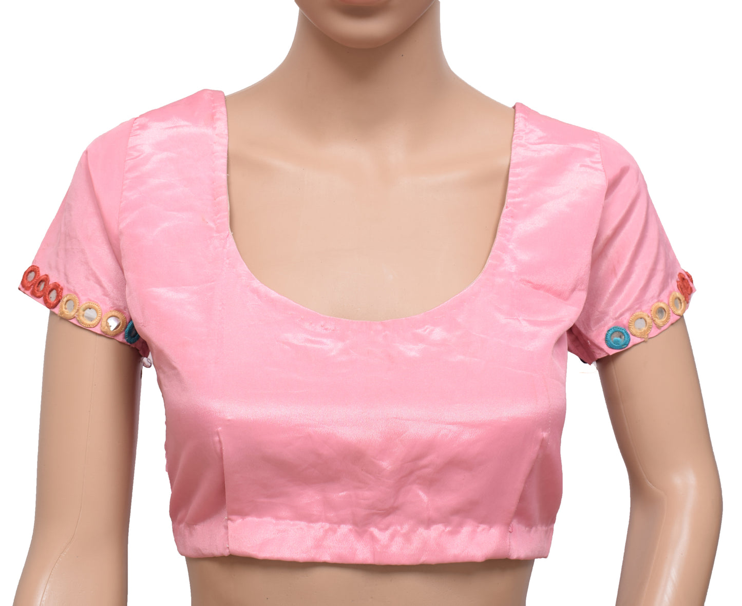 Sushila Vintage Pink Mirror Work Readymade 32" Sari Blouse Art Silk Top