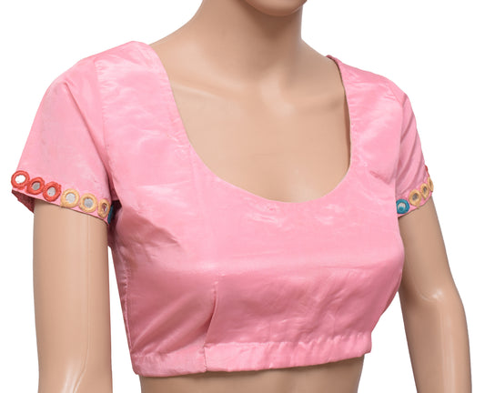 Sushila Vintage Pink Mirror Work Readymade 32" Sari Blouse Art Silk Top