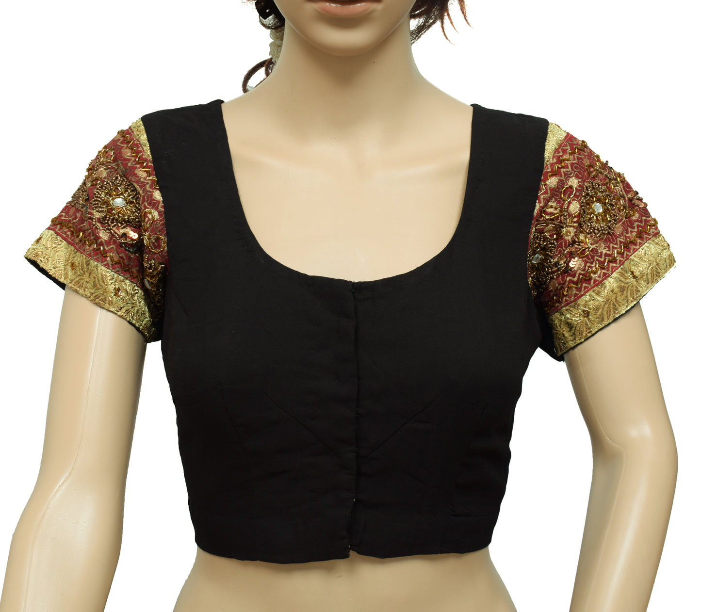 Sushila Vintage Heavy Patch Work Black Readymade Stitched Sari Blouse Top 36"