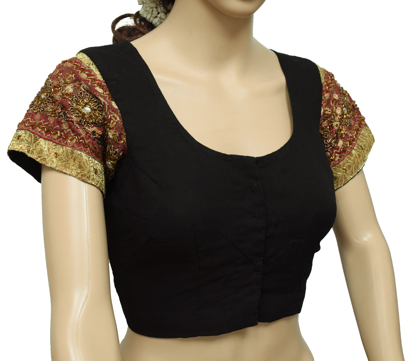 Sushila Vintage Heavy Patch Work Black Readymade Stitched Sari Blouse Top 36"