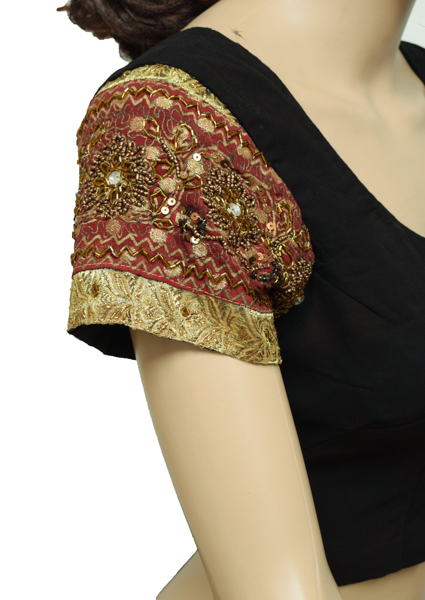 Sushila Vintage Heavy Patch Work Black Readymade Stitched Sari Blouse Top 36"