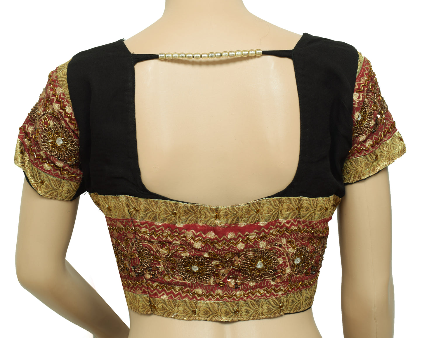 Sushila Vintage Heavy Patch Work Black Readymade Stitched Sari Blouse Top 36"