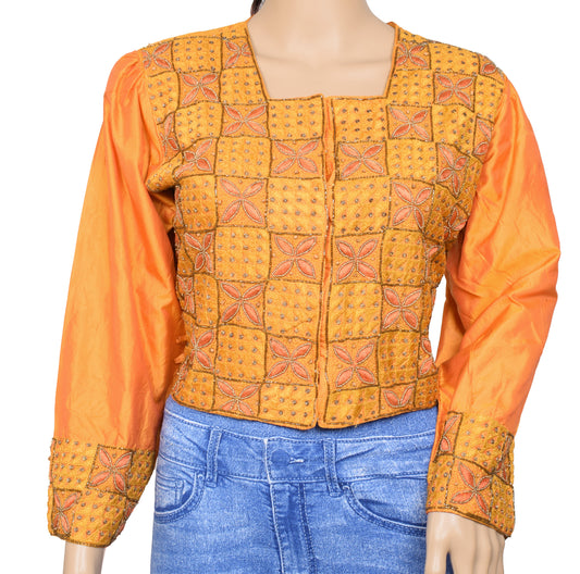 Sushila Vintage Orange Readymade 40" Sari Blouse Silk Hand Beaded Choli Top