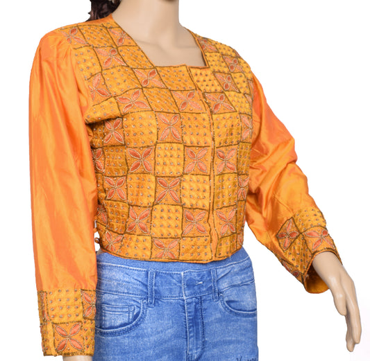 Sushila Vintage Orange Readymade 40" Sari Blouse Silk Hand Beaded Choli Top