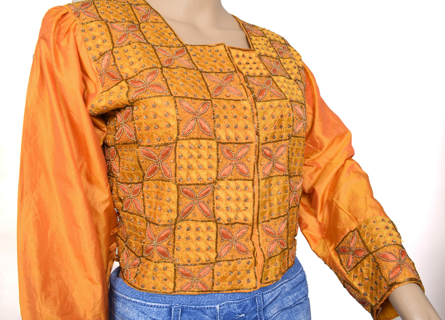 Sushila Vintage Orange Readymade 40" Sari Blouse Silk Hand Beaded Choli Top