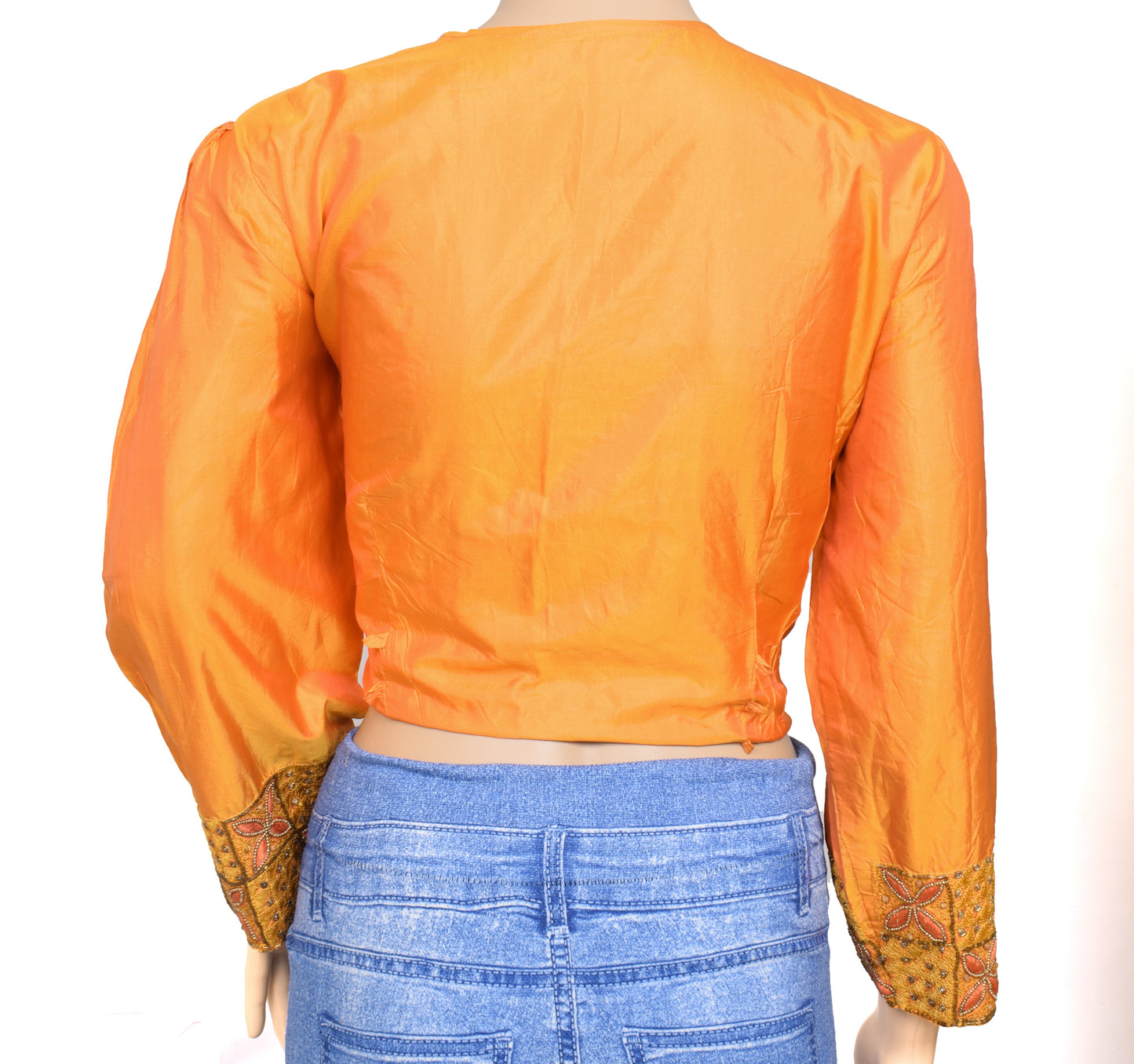Sushila Vintage Orange Readymade 40" Sari Blouse Silk Hand Beaded Choli Top