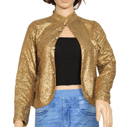 Sushila Vintage Readymade Stitched Golden Sparkling Sequins Designer 32" Jacket Koti
