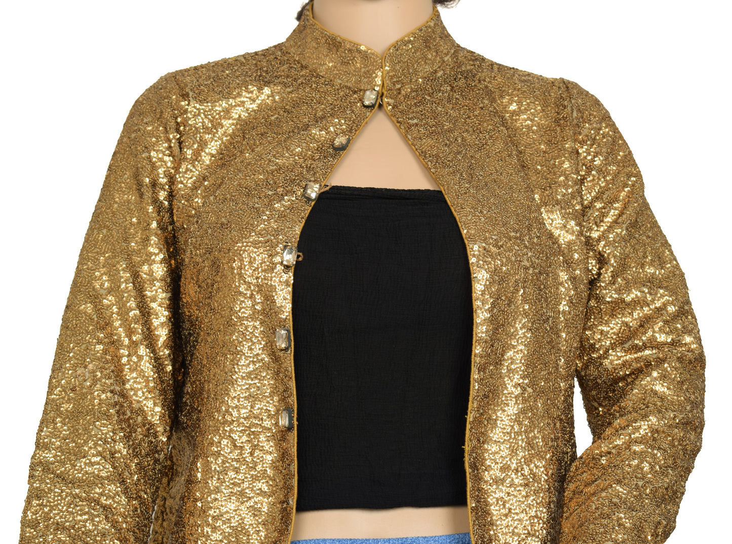 Sushila Vintage Readymade Stitched Golden Sparkling Sequins Designer 32" Jacket Koti