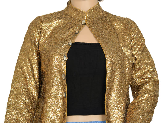 Sushila Vintage Readymade Stitched Golden Sparkling Sequins Designer 32" Jacket Koti