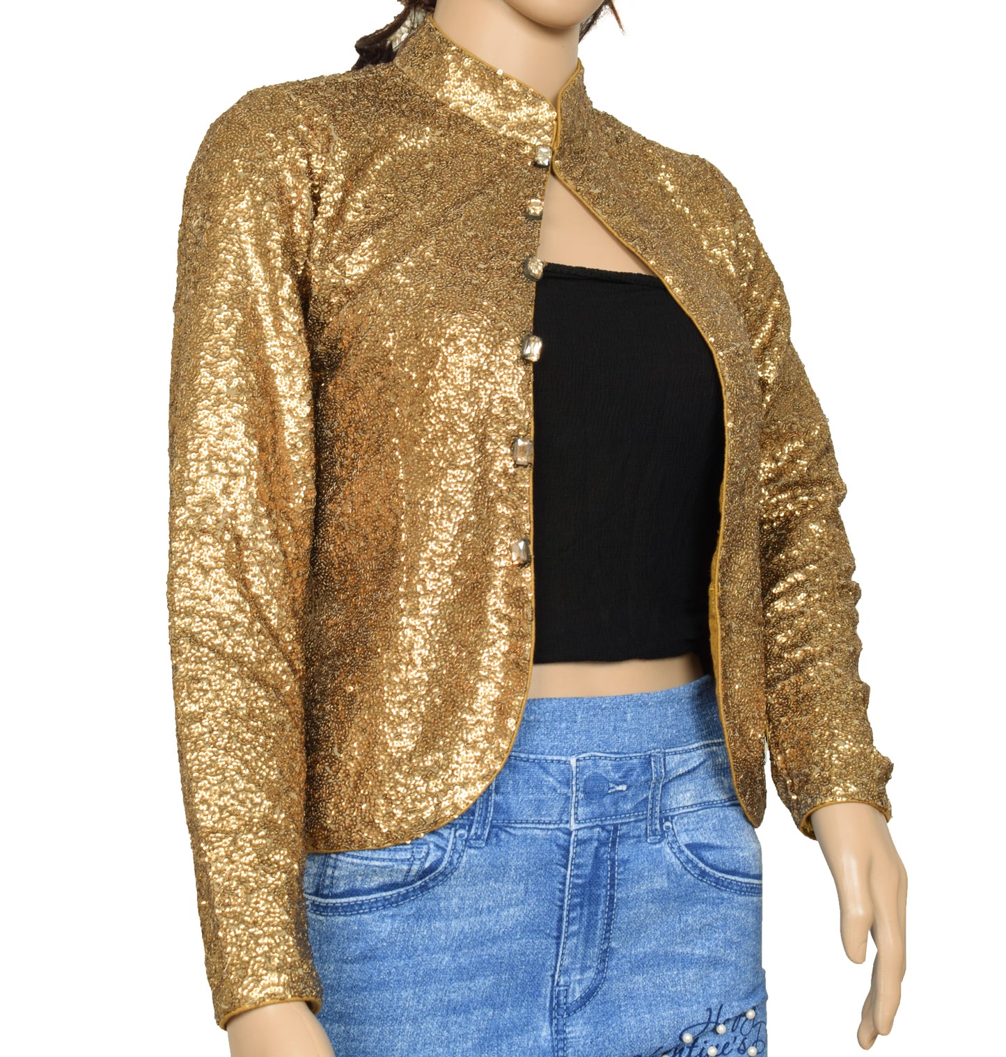 Sushila Vintage Readymade Stitched Golden Sparkling Sequins Designer 32" Jacket Koti