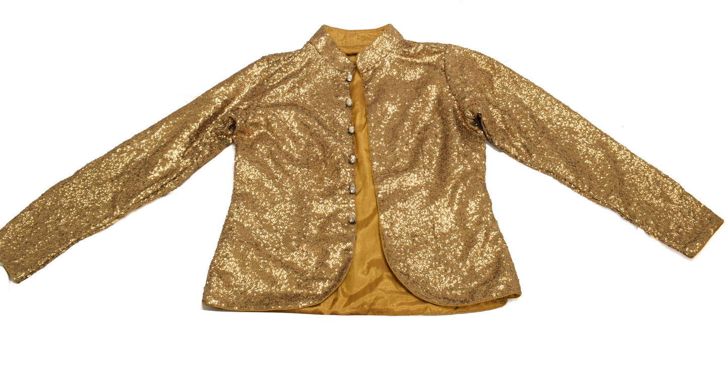 Sushila Vintage Readymade Stitched Golden Sparkling Sequins Designer 32" Jacket Koti