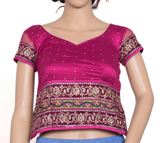 Sushila Vintage Magenta Readymade Stitched Sari Blouse Heavy Patch Work 26" Choli