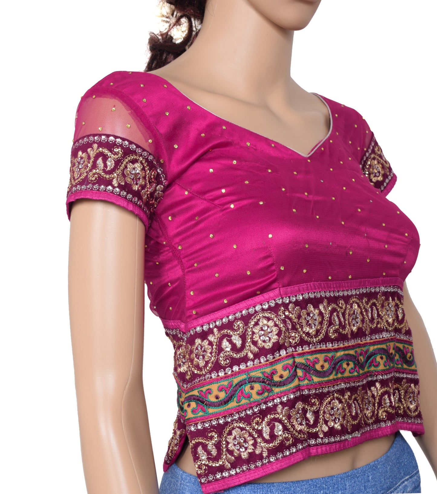 Sushila Vintage Magenta Readymade Stitched Sari Blouse Heavy Patch Work 26" Choli