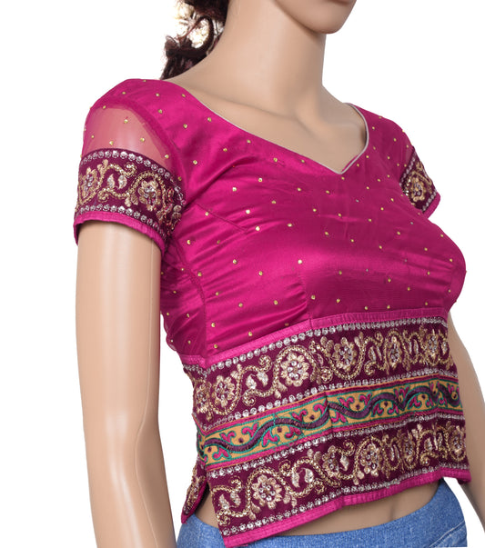Sushila Vintage Magenta Readymade Stitched Sari Blouse Heavy Patch Work 26" Choli