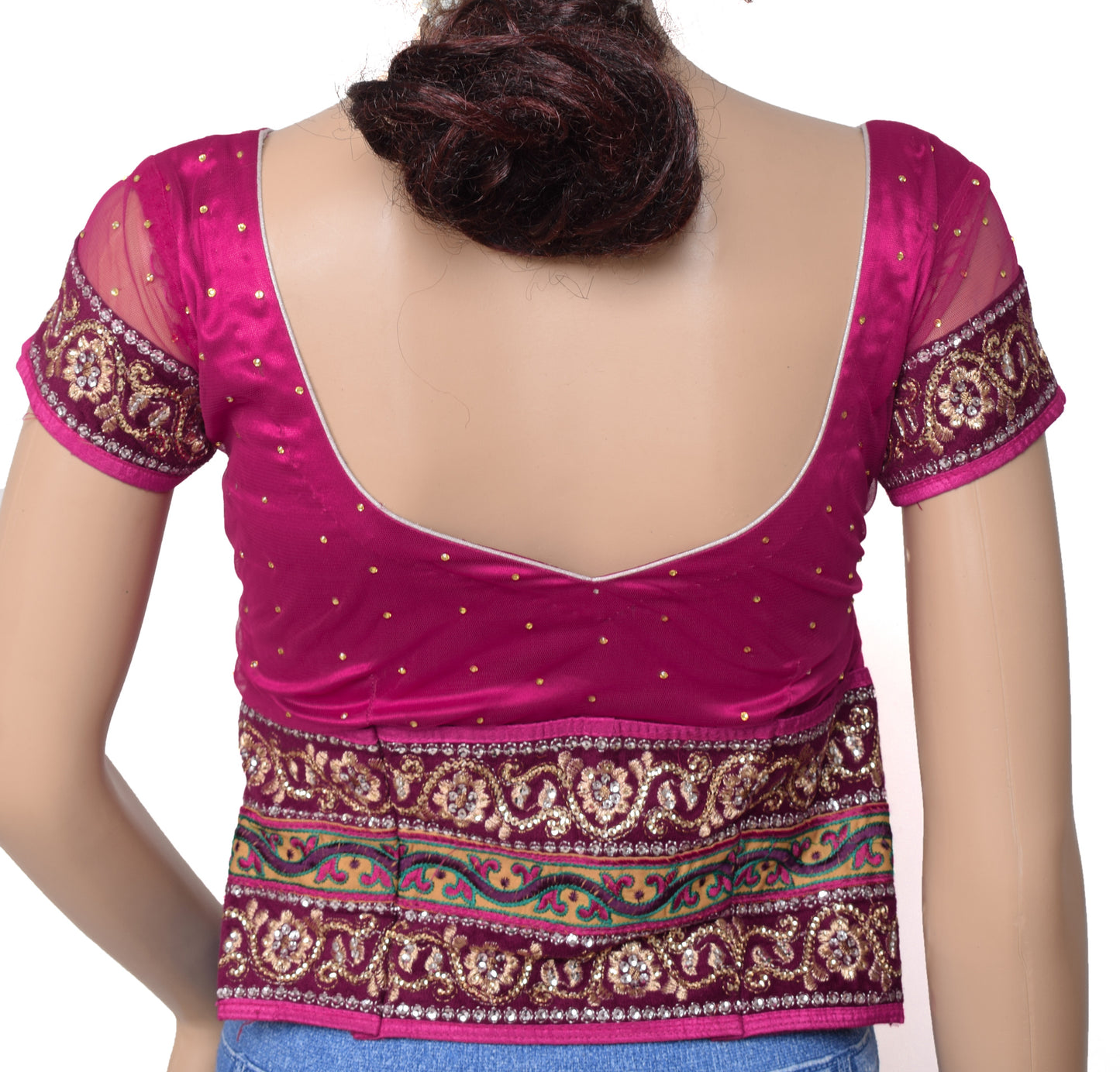 Sushila Vintage Magenta Readymade Stitched Sari Blouse Heavy Patch Work 26" Choli
