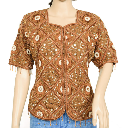 Sushila Vintage Readymade 34"Brown Silk Sari Blouse Hand Beaded Koti Top