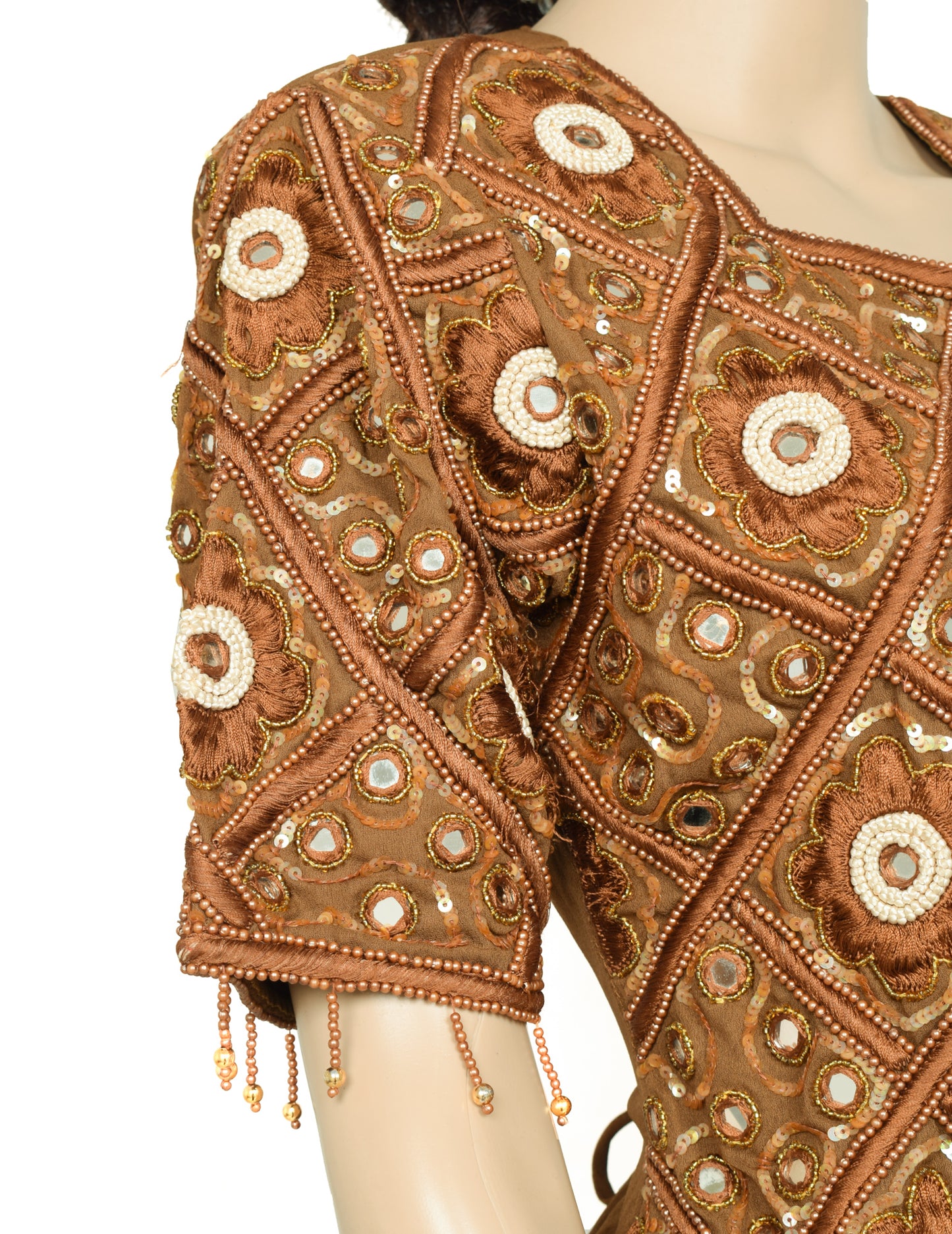 Sushila Vintage Readymade 34"Brown Silk Sari Blouse Hand Beaded Koti Top