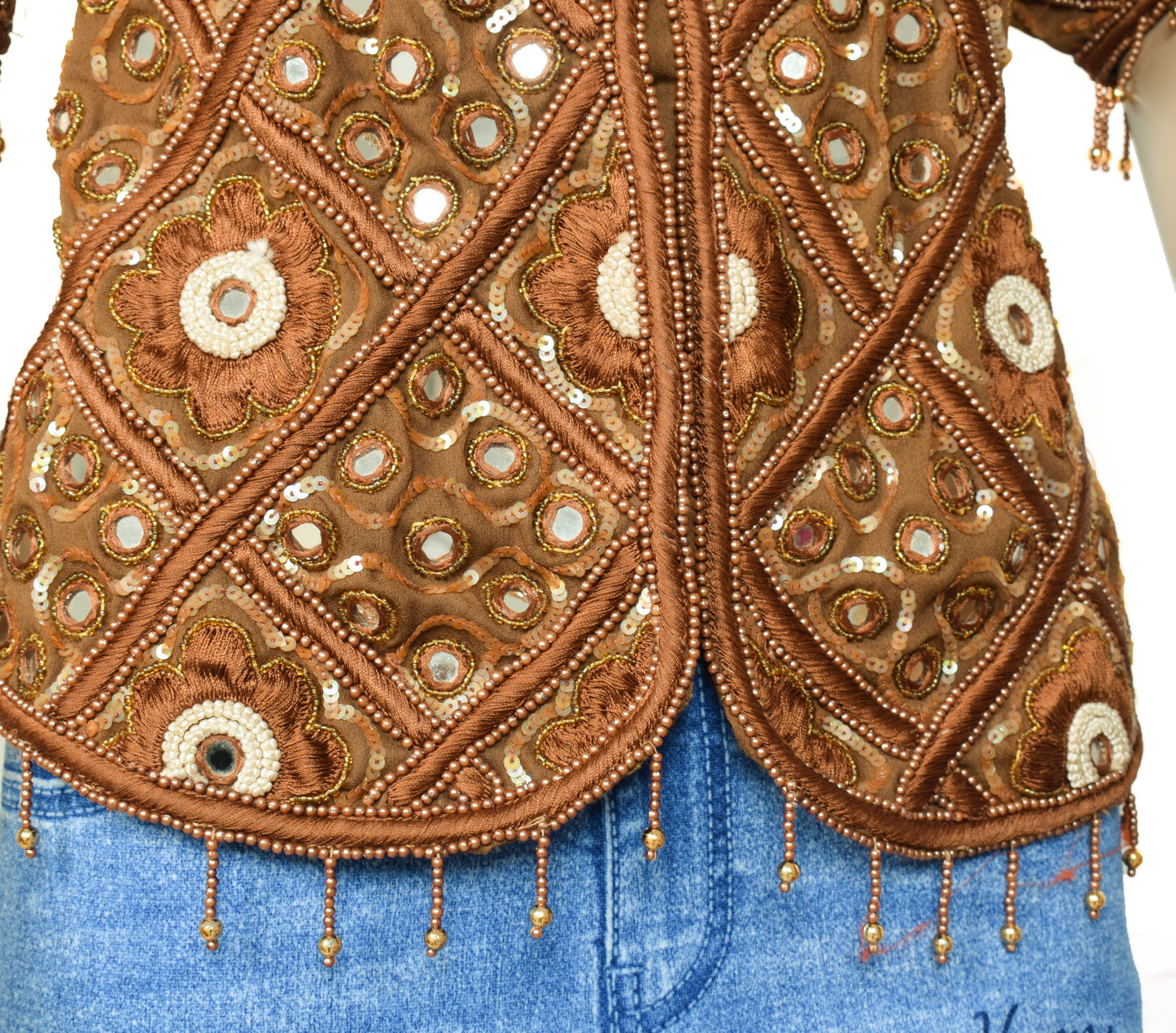 Sushila Vintage Readymade 34"Brown Silk Sari Blouse Hand Beaded Koti Top